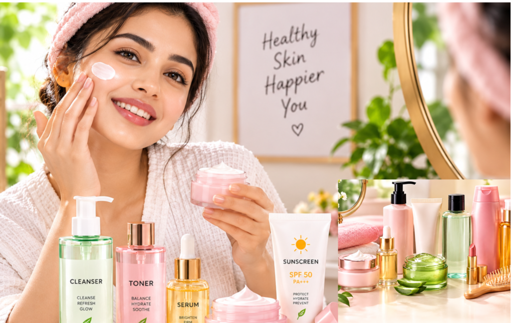 Alt Text: Simple skincare routine for beginners with cleanser moisturizer serum and sunscreen