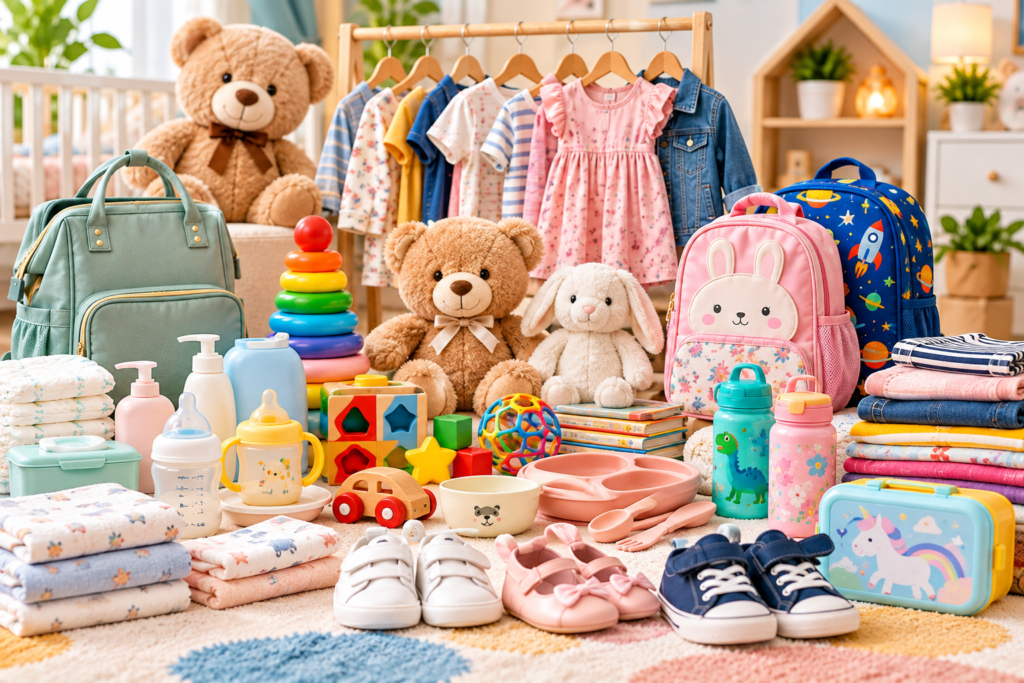 Kids and baby essentials including clothing toys and everyday baby products