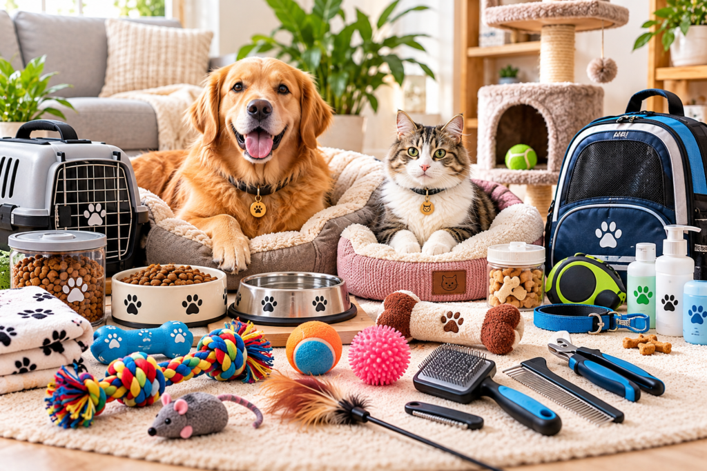 Pet essentials including dog and cat toys beds bowls and grooming accessories