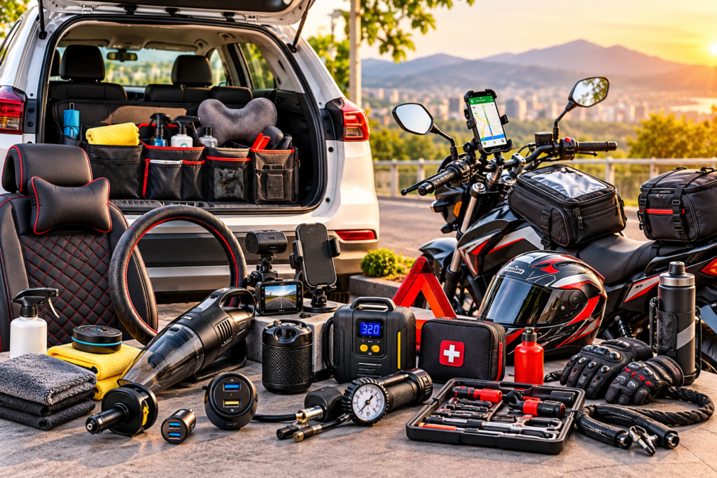 Useful car and bike accessories including phone holder cleaning kit storage and riding gear