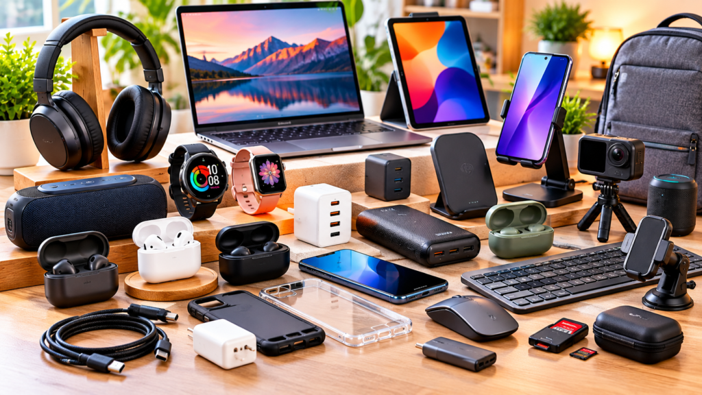 Everyday tech gadgets including earbuds power bank smartwatch charger and smartphone accessories