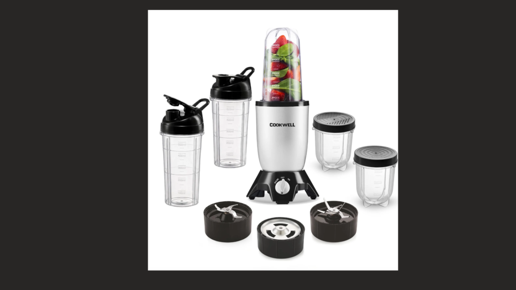 Cookwell Bullet Mixer Grinder 600W with five jars and three blades in silver
